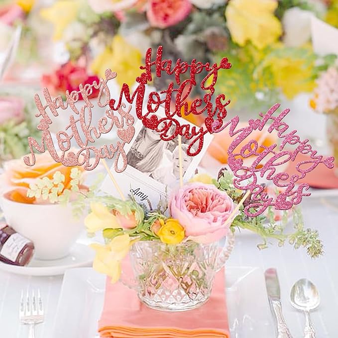 12 PCS Happy Mother's Day Centerpiece Sticks Double Sided Glitter Love Mother Best Mom Centerpieces for Happy Mother's Day Theme Table Flower Decorations Women Birthday Party Supplies Colorful