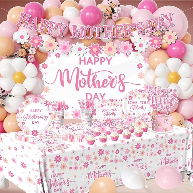 Mothers Day Party Decorations,Pink Daisy Mothers Day Party Tableware Set Paper Plates,Napkins,Banner,Cake Topper Love You Mom Mother's Day Decorations for Happy Mother's Day Supplies Service 24