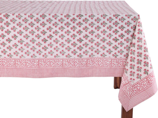 ATOSII Gulbahar White Pink 100% Cotton Fall Rectangle Tablecloth, Hand Block Print Washable Table Cover, Christmas Parties Buffet Dining, Weddings, Thanksgiving, Halloween, 60 X 90 Inches, 6 Seater