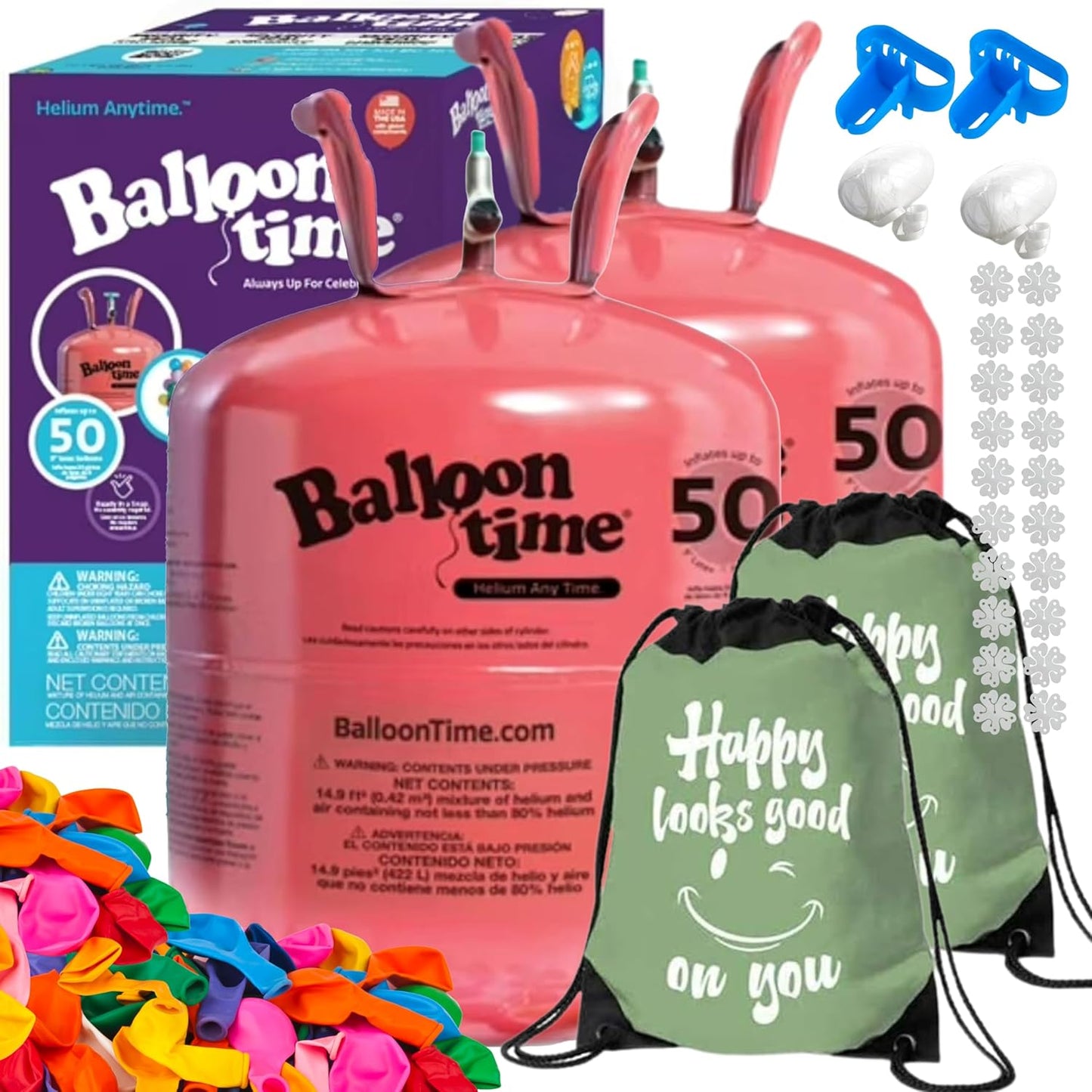 Helium Tank for Balloons At Home Balloon Time Disposable Helium Tank 14.9 cu.ft - 50 Latex Balloons + Balloon Tying Tool + Curling Ribbon and 10 Flower Clips (Pack of 2)
