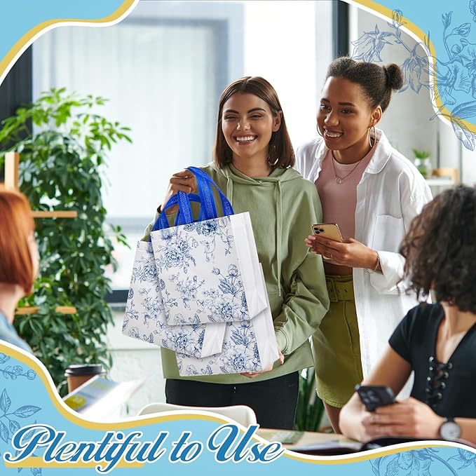 HunnmingRe 30 Pcs Blue Floral Gifts Bags Chinoiserie Wedding Welcome Bag Bulk Reusable Non Woven Tote Handbag for Bridal Baby Shower Birthday Tea Party Supplies