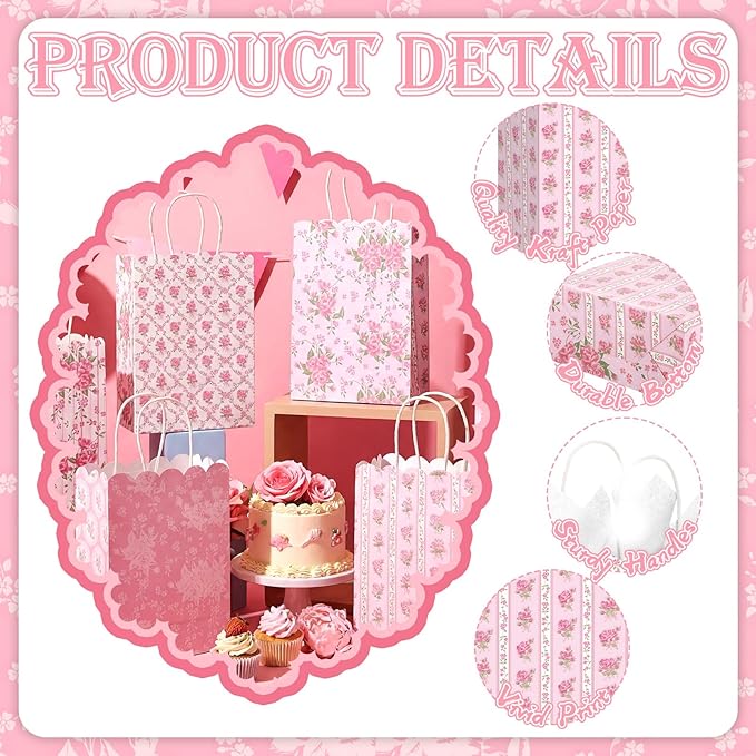 Kolldenn 24 Pcs Vintage Floral Party Gift Bags with Handles Paper Candy Treat Goodie Bags Scalloped for Birthday Decoration for Bridal Baby Shower Tea Party Supplies