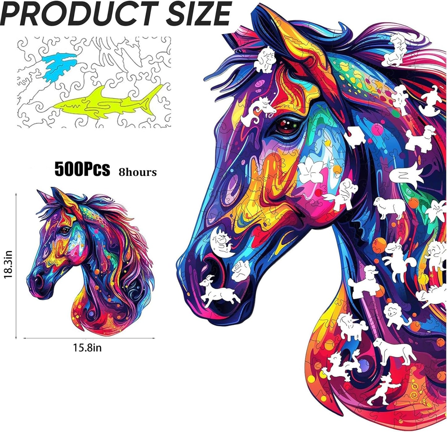 Reouinty Wooden Puzzles for Adults 500 Pieces, Cool Horse Liberty Wood Jigsaw Puzzles, Unique Shape Animal Adult Gifts, Irregular Wood Puzzles Gift for Family Game 15.8 x 18.3 in