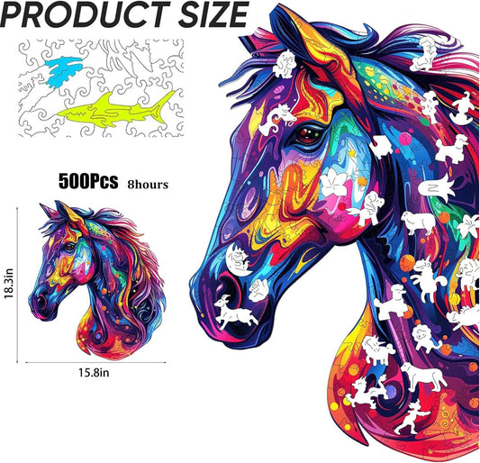 Reouinty Wooden Puzzles for Adults 500 Pieces, Cool Horse Liberty Wood Jigsaw Puzzles, Unique Shape Animal Adult Gifts, Irregular Wood Puzzles Gift for Family Game 15.8 x 18.3 in