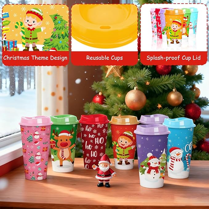 Jansun 6pcs Christmas Color Changing Hot Cups with Lids 16Oz Reusable Plastic Coffee Cups for Party Decorations Winter Christmas Cups for Holiday Birthday Party Favors Supplies