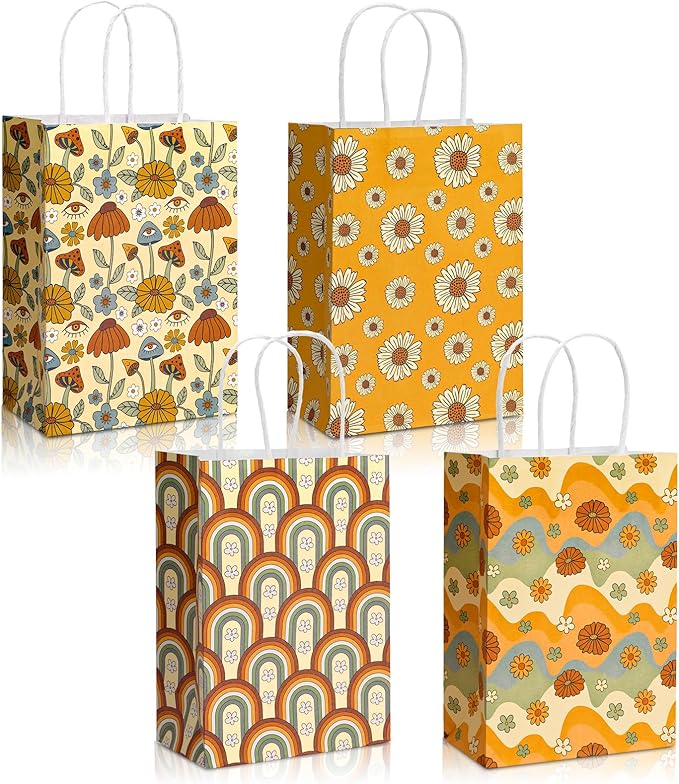 AnyDesign 12Pcs Retro Boho Gift Bags Bulk Rainbow Daisy Flower Paper Bags with Handle Vintage Boho Party Favor Bag for Wedding Birthday Baby Shower Bridal Shower Party Supplies, 5.9 x 8.3 x 3.1 Inch
