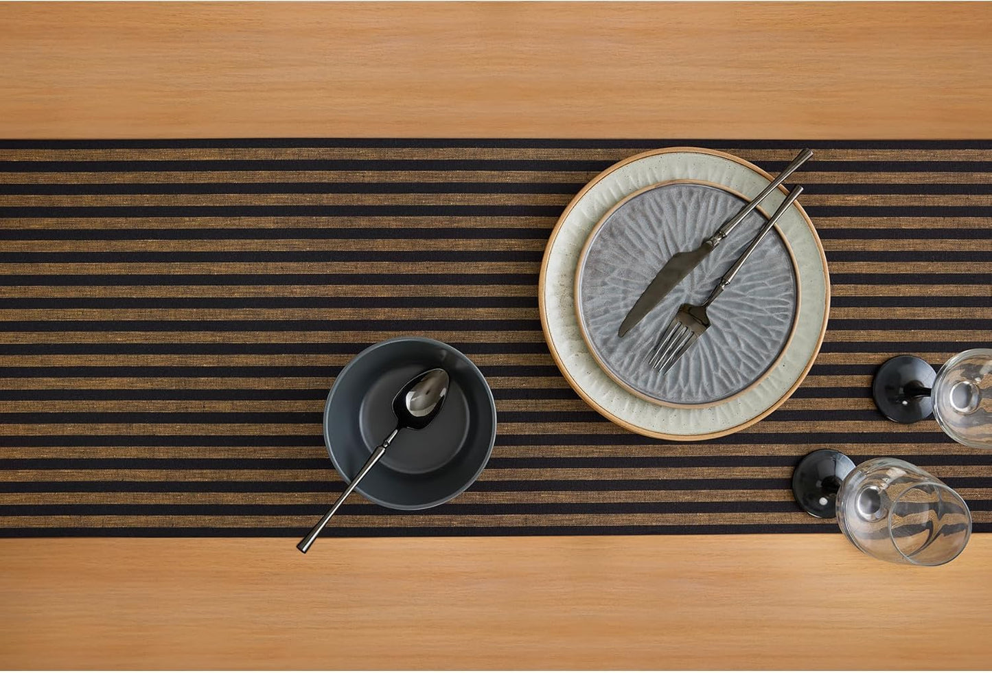 Solino Home Striped Table Runner 132 Inches Long - Amalfi Stripe 100% Pure Linen Brown Sugar and Black Dining Table Runner 14 x 132 Inch for Fall, Autumn, Thanksgiving