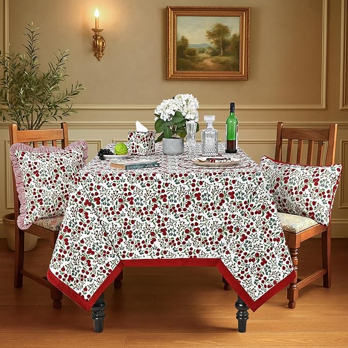 Ridhi Hand Block Print Garnet Red Rectangle Cotton Tablecloth 190" x 72" Reusable Table Cover Decorative Everyday Use for Dining, Farmhouse, Home Gift for Spring, Easter, Valentine