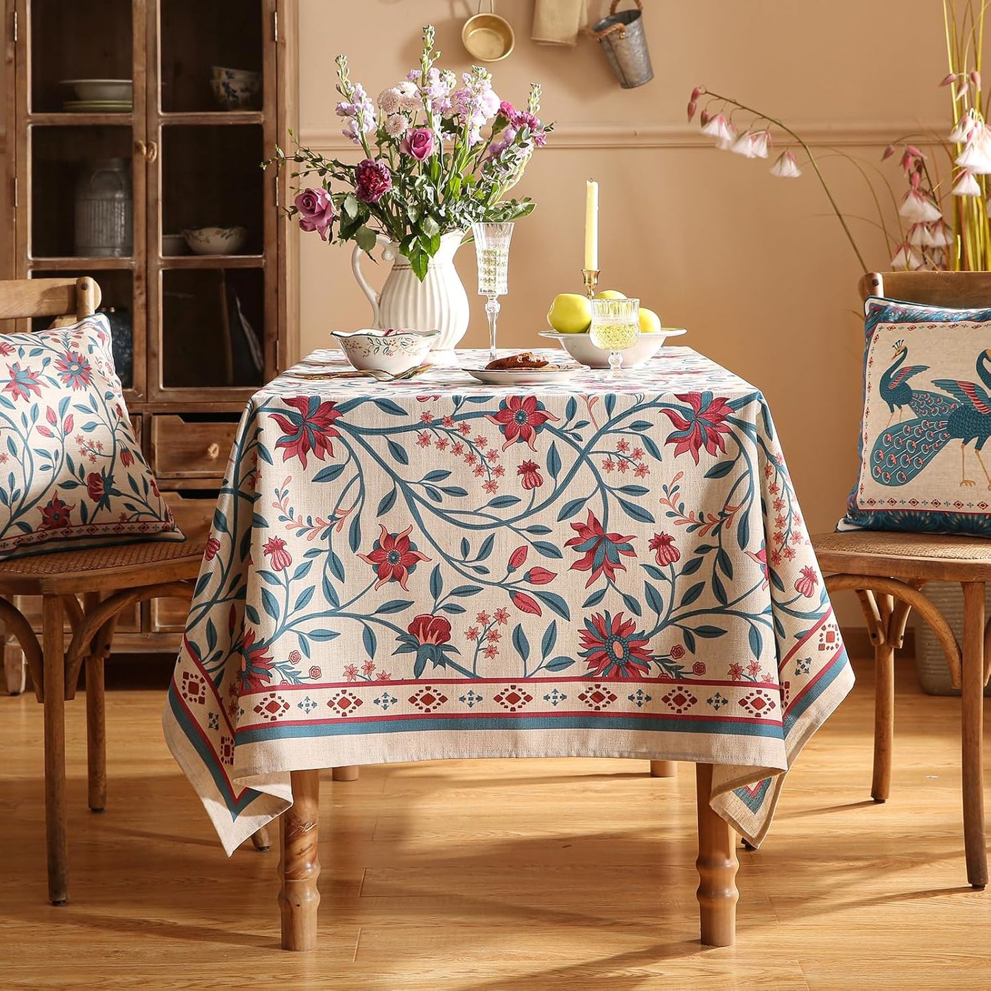 Designer Linen Rectangle Tablecloth,Vintage William Morris Wrinkle Resistant Floral Table Cloth,Decor Table Cover for Kitchen,Dining,Thanksgiving,Christmas,Party,63"*87"-Dorodango B