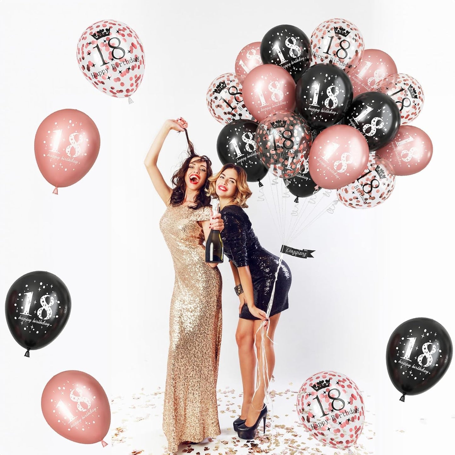 Rose Gold Black 18th Birthday Decorations for Girls, 15Pcs Happy 18th Birthday Helium Latex Balloons, Black Rose Gold Confetti 18th Balloons for Girls Age 18 Years Old Birthday Party Decor Supplies