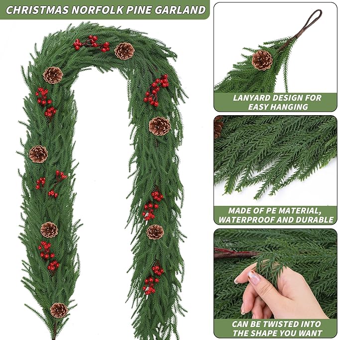 1 Pack 9FT Christmas Norfolk Pine Garlands with Pine Cone Real Touch Christmas Garland Artificial Greenery Garland for Fireplace, Table, Wall, Stairs, Outdoor Holiday Décor