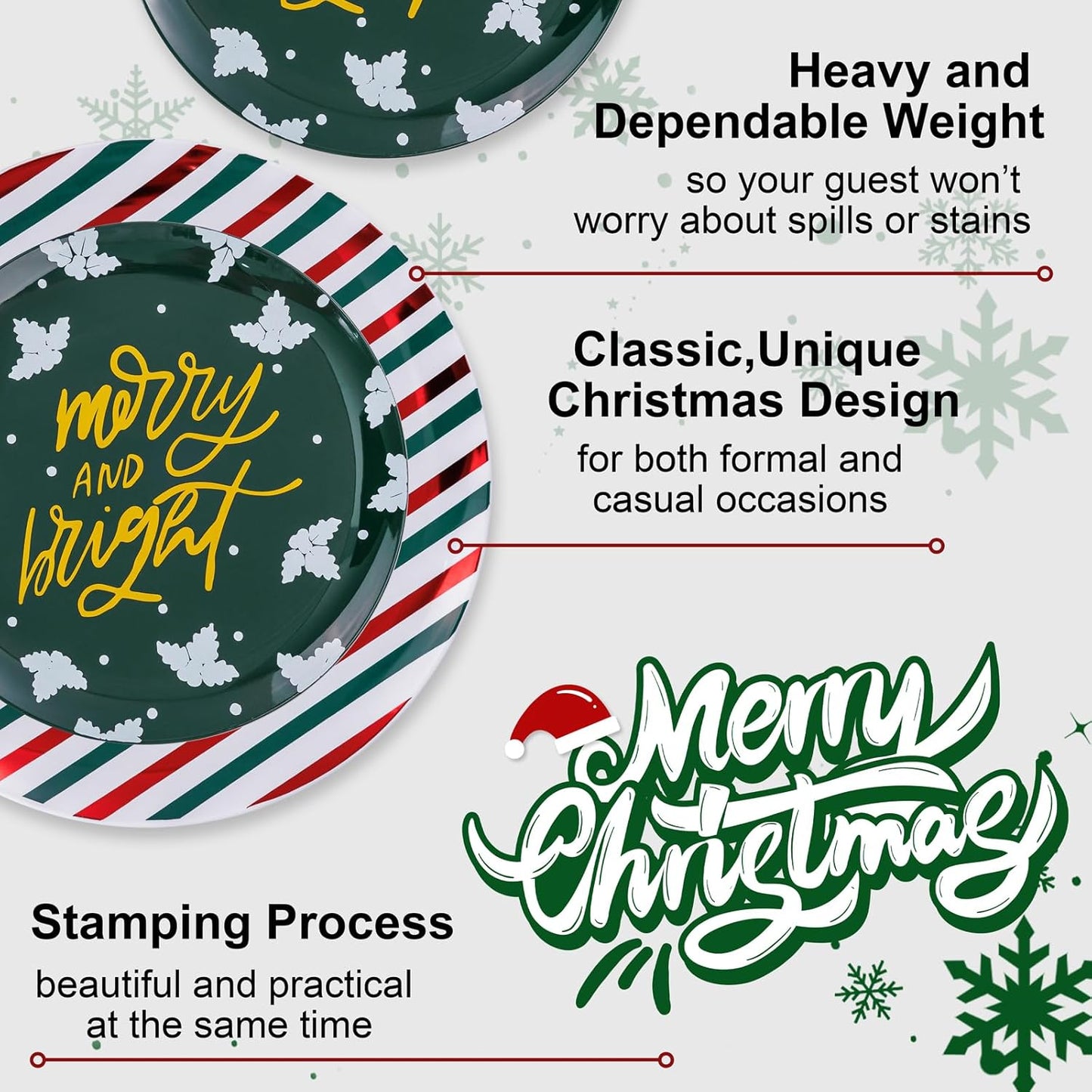 WDF 50 Pieces Christmas Plastic Plates - Christmas Plates Disposable include 25 Christmas Dinner Plates and 25 Christmas Salad Plates - Red and Green Plates for Christmas party&winter