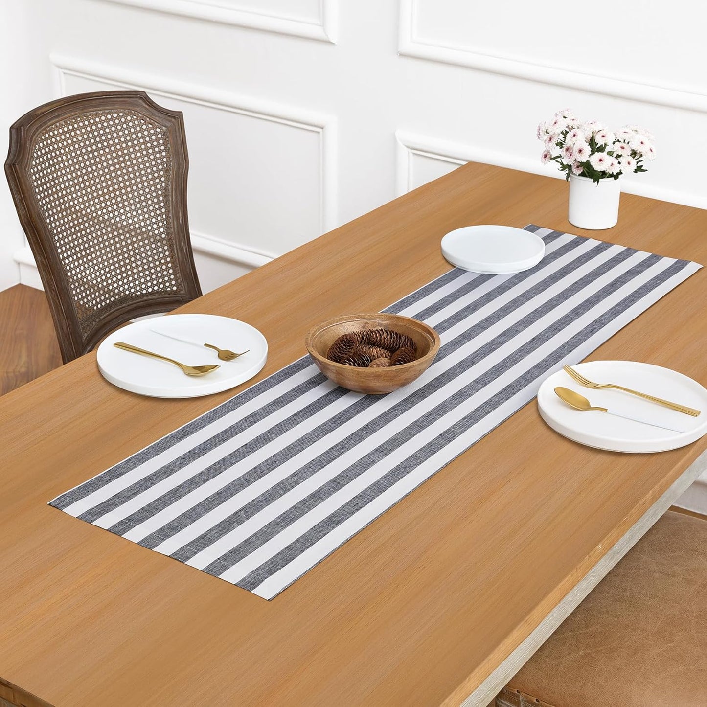 Solino Home Linen Striped Table Runner 60 Inches - Sorrento Stripe, 100% Pure Linen Black and White Small Table Runner 14 x 60 Inch Ideal for Dresser and Coffee Tables - Fall, Autumn
