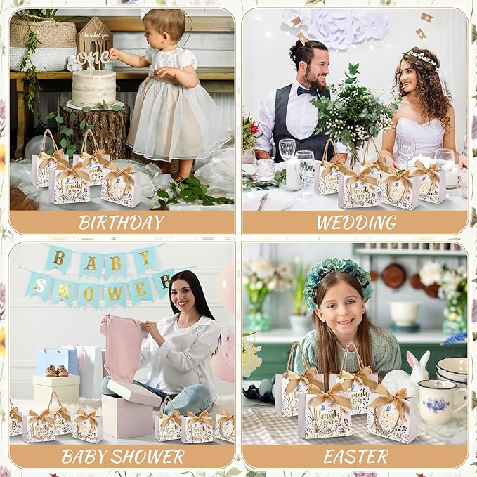 Moinchore 40 Pack Wildflower Thank You Gift Bags with Handles Small Thank You Party Favor Bags with Bow Wedding Welcome Tote for wedding Holiday Bridal Shower Party(Vintage Gold Flowers)