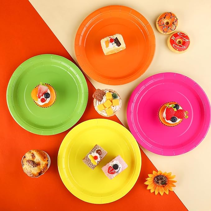 Kochorie 150 Pieces Neon Disposable Paper Plates 9 Inch Heavy Duty Dinner Plates, Solid Color, Table Decorations Party Supplies for Birthdays, Weddings, Daily Use