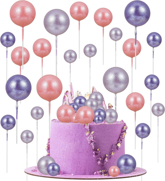 30Pcs Balls Cake Topper Glitter Foam Ball Cake Picks Faux Pearl Ball Shaped Cupcake Insert Cake Topper for Baby Shower Wedding Anniversary Kids Birthday Graduation Party Cake Decorations Light Purple
