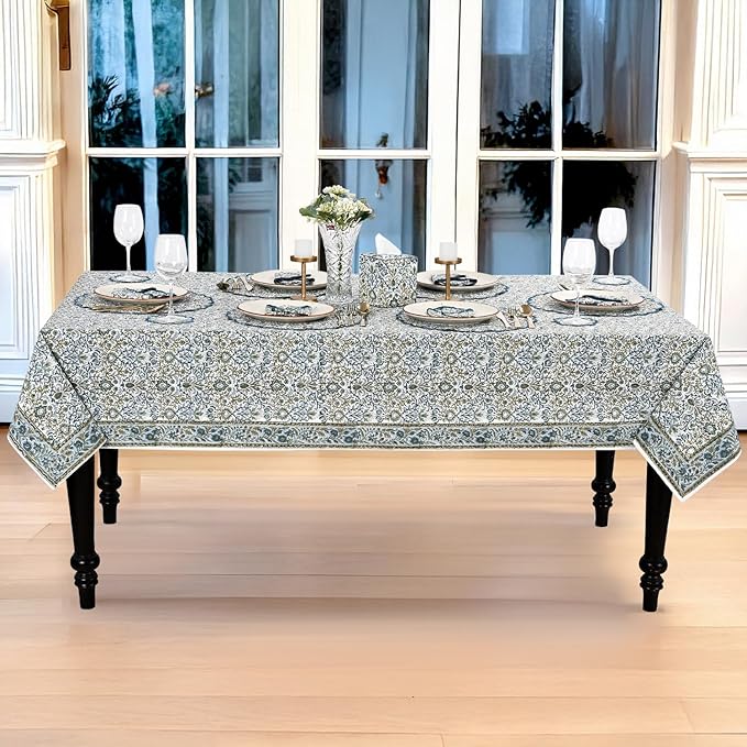 Ridhi Hand Block Print Indigo Rectangle Cotton Tablecloth 108" x 60" Reusable Table Cover Decorative Everyday Use for Dining, Farmhouse, Home Gift for Spring, Easter, Valentine
