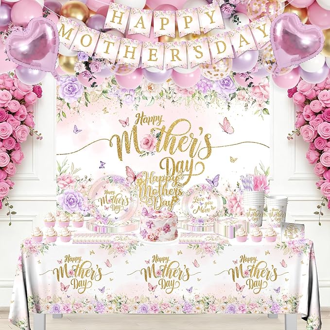Happy Mother's Day Party Supplies,Pink and Purple Mothers Day Plates,Napkins,Balloon Arch,Banners,Cake Toppers Spring Floral Theme Love You Mom Decorations for Best Mom Ever Party Favor Serve 24
