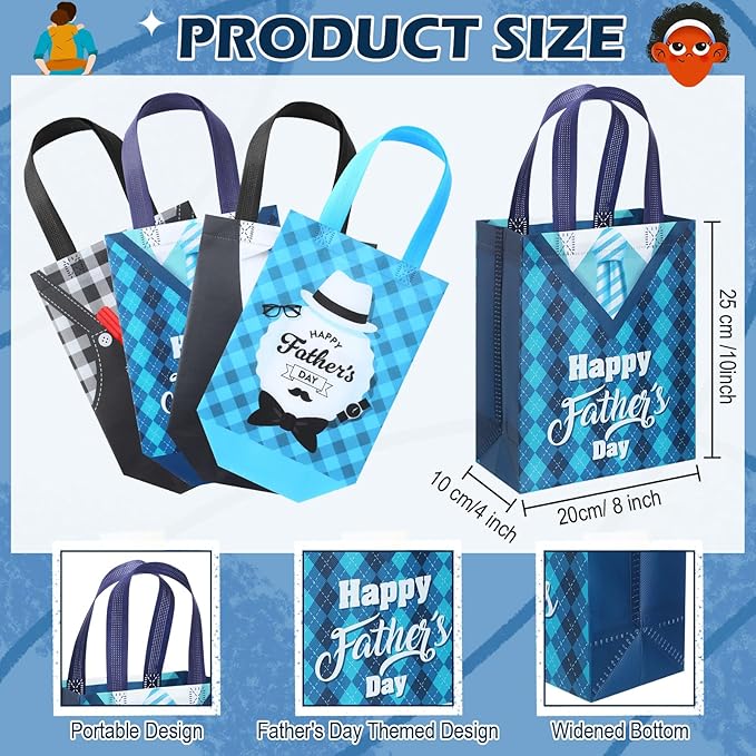 Wesnoy 24 Pcs Father's Day Gift Bags Treat Bags with Handle Happy Father's Day Tote Bags Reusable Best Dad Non Woven Gift Wrap Bags Fathers Day Goodie Bags for Dad Grandpa Party Favor Supplies