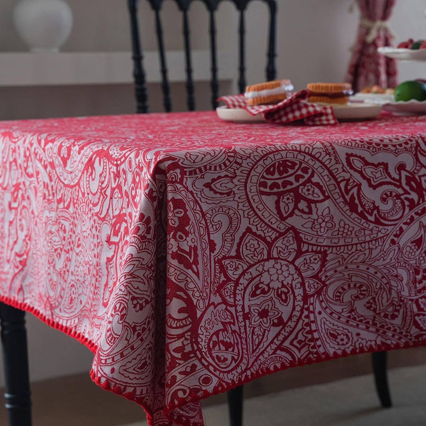 ENJOYBRIDAL Red Paisley Tablecloth - 60 x 84 Inch - Waterproof Rectangle Table Cloth Jacquard Washable Dining Polyester Table Cover 6-8 Seats Picnic Camping Boho Farmhouse Furniture Protector