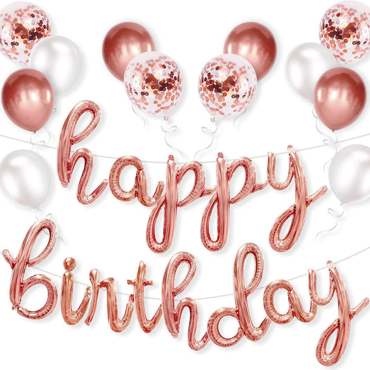 Rose Gold Happy Birthday Balloons Banner, 25 pcs Cursive Letters Balloons Sign with Latex Balloons, Pink Happy Birthday Banner, Rose Gold Happy Birthday Party Decorations for Women Gril Birthday Decor
