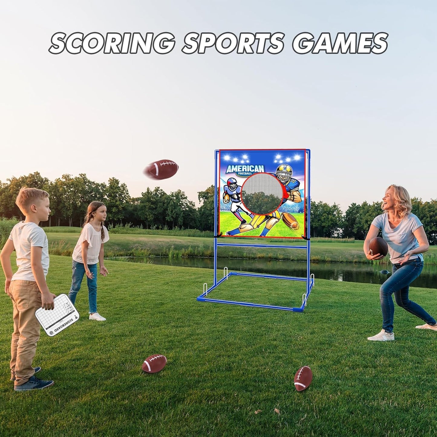 VATOS Football Toss Target Games with 4 Inflatable Footballs - Indoor Outdoor Backyard Throwing Sport Toy for Kids, Football Passing Targets Party Game for Boys Girls and Family Fun Play
