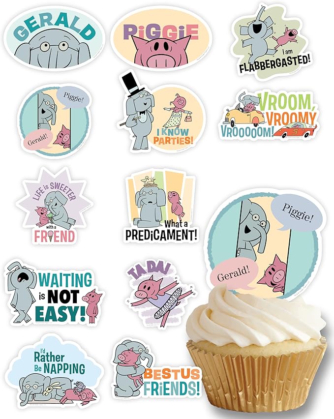 Elephant and Piggie Party Supplies for Boy or Girl Birthday Party Decor includes 24 Cupcake Toppers with Gerald and Piggie Book Characters by Mo Willems (24 Cupcake Toppers)