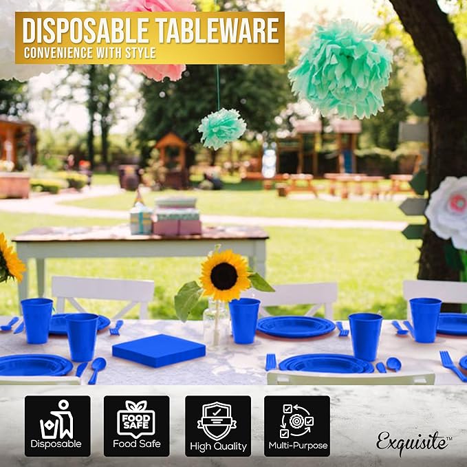 350 Pcs Dark Blue Plastic Plates For Party, Dark Blue Disposable Plates Set, 50 Of Each 9" Dinner Plate Set, 7" Dessert Plate, Cups, Napkins & Cutlery Plastic Dinnerware Exquisite