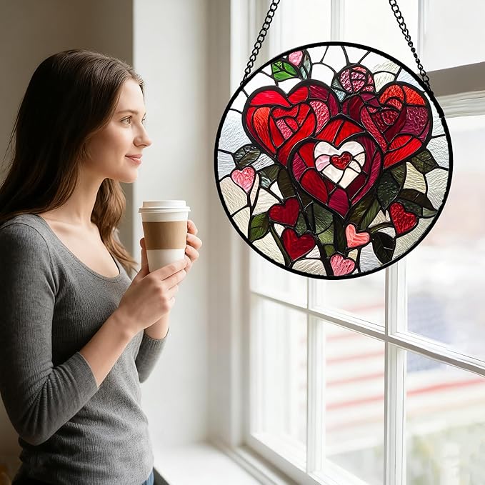 Stained Glass Window Hanging Red Heart-Shaped Roses 7.8" - Flower Suncatcher Door Garden Sun Catcher Decor Birthday Anniversary Valentines Day Gifts for Woman Wife Men Her Him Lovers
