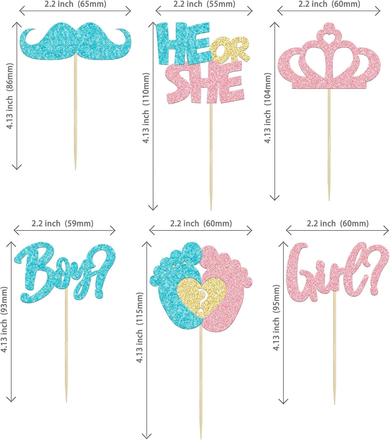 24Pcs Boy or Girl Cupcake Toppers Pink Blue Glitter Crown Moustache Baby Shower Cupcake Picks He or She Footprint Cake Topper Decorations for Gender Reveal Theme Baby Shower Kids Birthday Party
