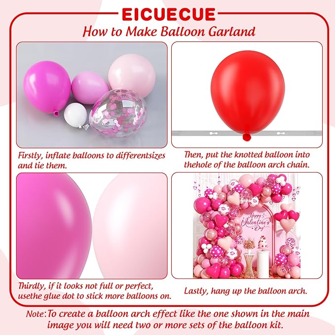 Valentines Day Balloons Garland Arch Kit -171Pcs Different Size Hot Pink and Pink with Heart Metallic Rose Gold White Balloon for Valentine's Day Galentine's Day Anniversary Party Decorations