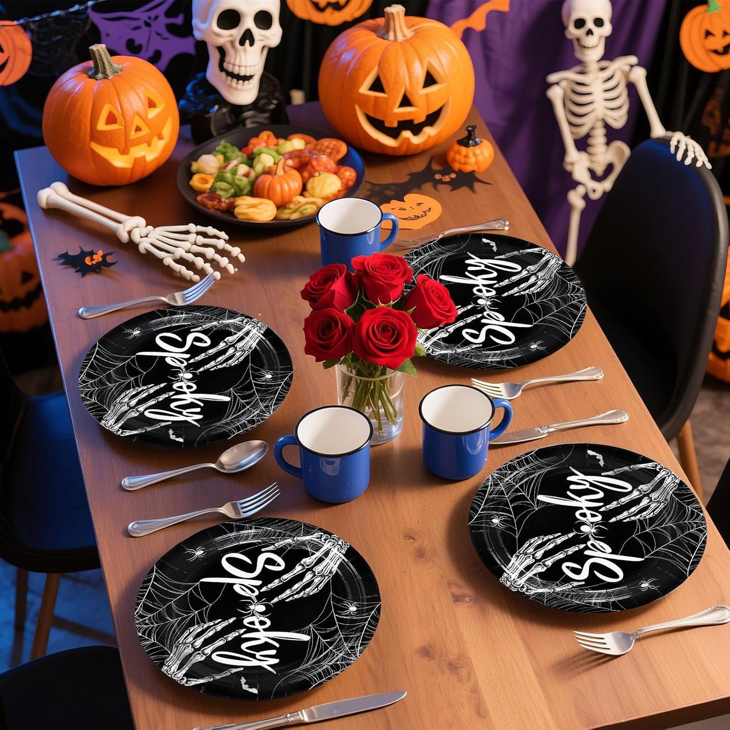 Grencian 50Pcs Halloween Spider Webs Plates 9” Disposable Heavy Duty Spooky Skeleton Hands Paper Plates For Halloween Flags Garden Party Decorations Supplies