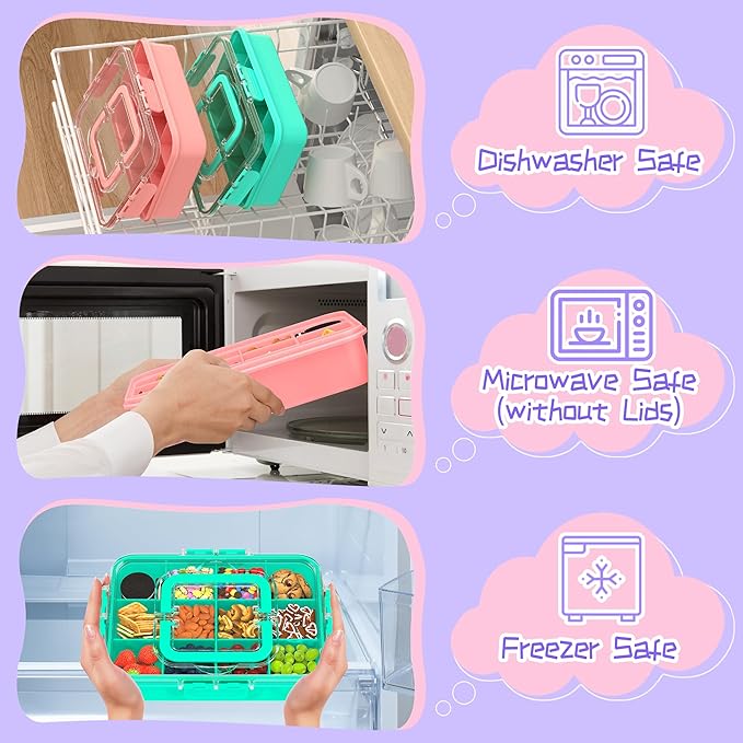 2 Pcs Snack Box Container for Kids - Adjustable 12-Compartment Snack Containers, Reusable Bento Box, Dishwasher Safe, BPA-Free, Perfect for School, Travel, Camping & Picnic, Pink & Green