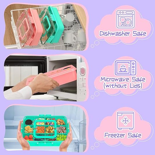 2 Pcs Snack Box Container for Kids - Adjustable 12-Compartment Snack Containers, Reusable Bento Box, Dishwasher Safe, BPA-Free, Perfect for School, Travel, Camping & Picnic, Pink & Green