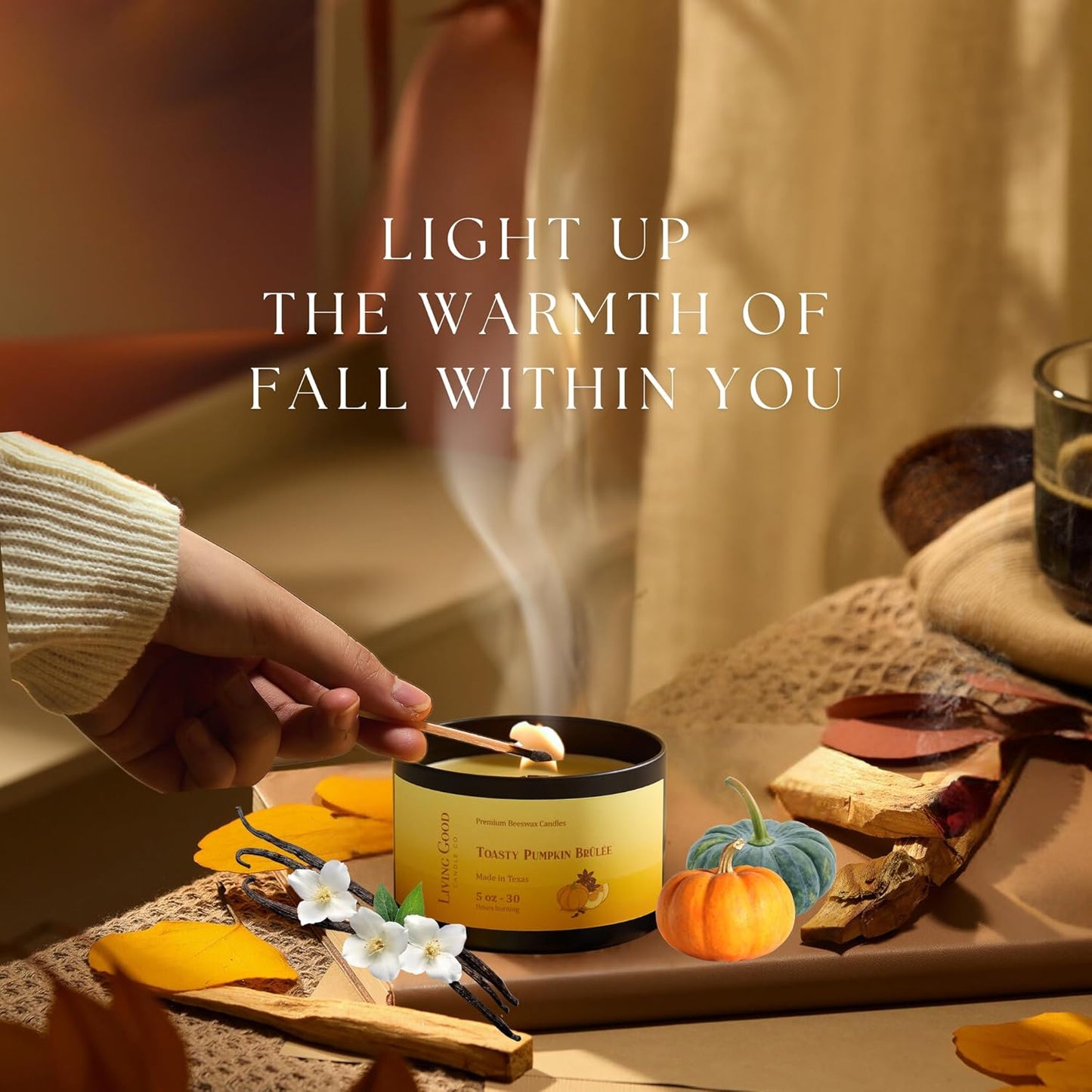 Toasty Pumpkin Brulee - Sweet Pumpkin & Vanilla with Earthy Nutmeg & Cardamom - Perfect Cozy for Fall - Pure Beeswax Candles - 30+ Hours Long Burning - Non-Toxic for Autumn Home Decor - 5 OZ
