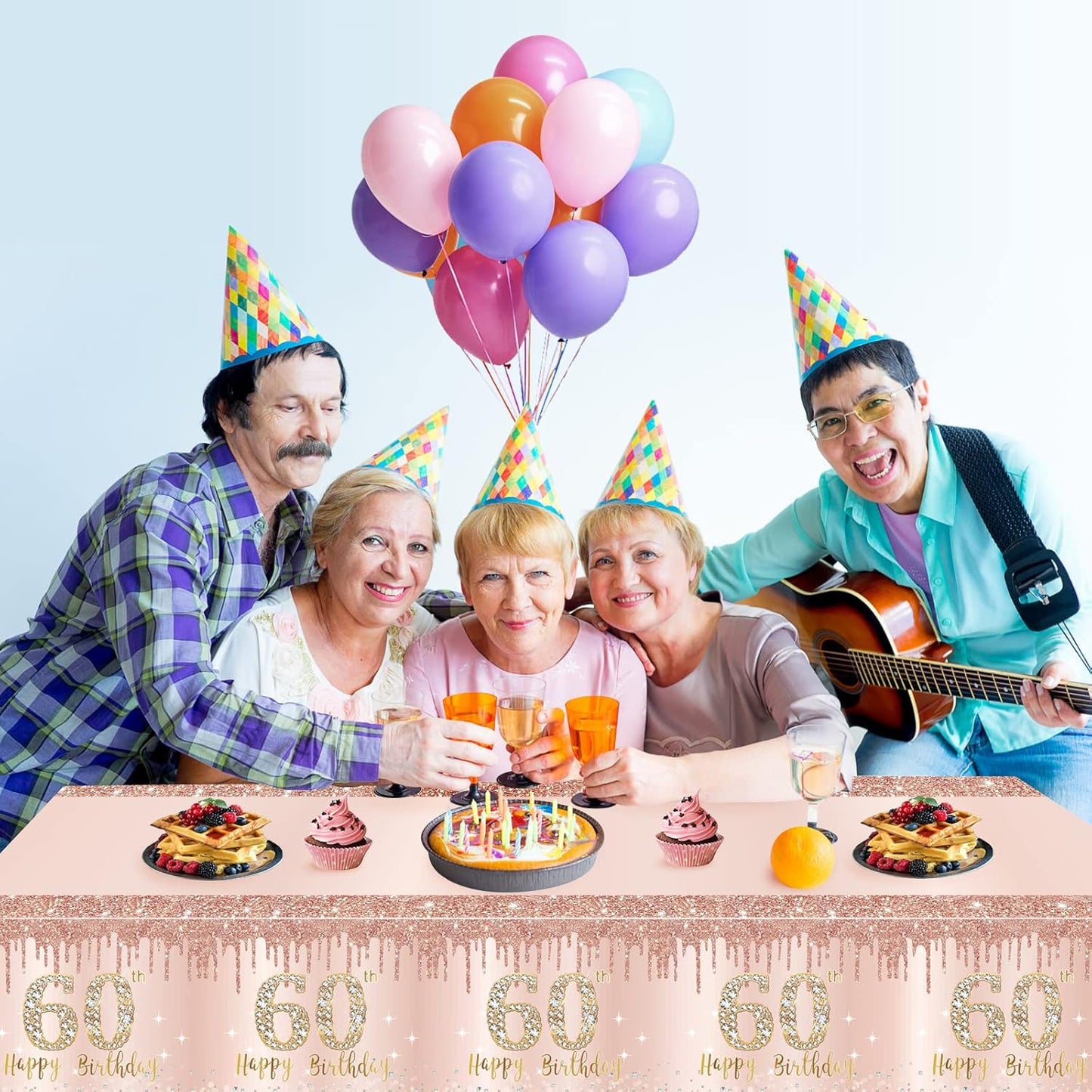 Excelloon 3 Pack Pink Rose Gold Happy 60 Birthday Table Cover Party Supplies, Sixty Year Old Plastic Disposable Rectangular Table Cloth Decor