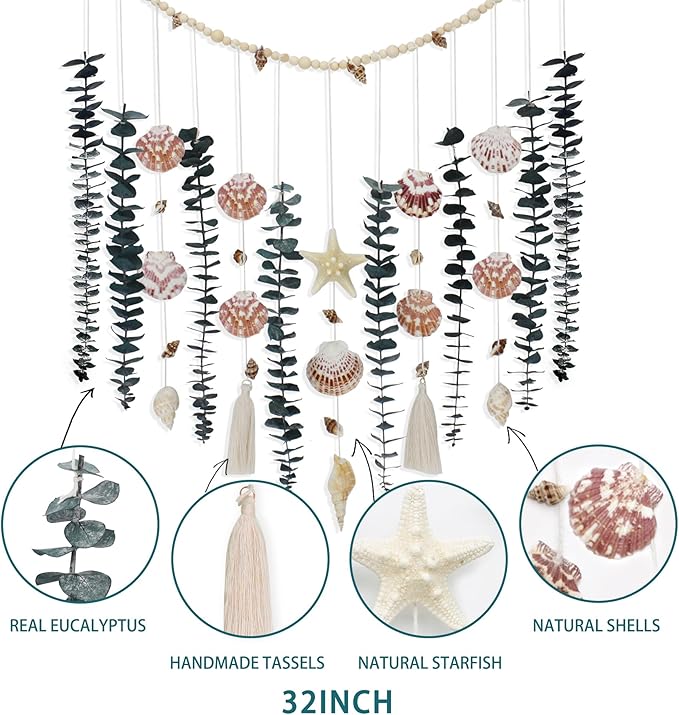Genuine Eucalyptus Wall Decor with Natural Seashell Beach Decor Coastal Home Decorations with Fresh Eucalyptus Stems Hanging Wooden Bead Garland for Large Bedroom Bathroom Living Room 32 x 32 Inch