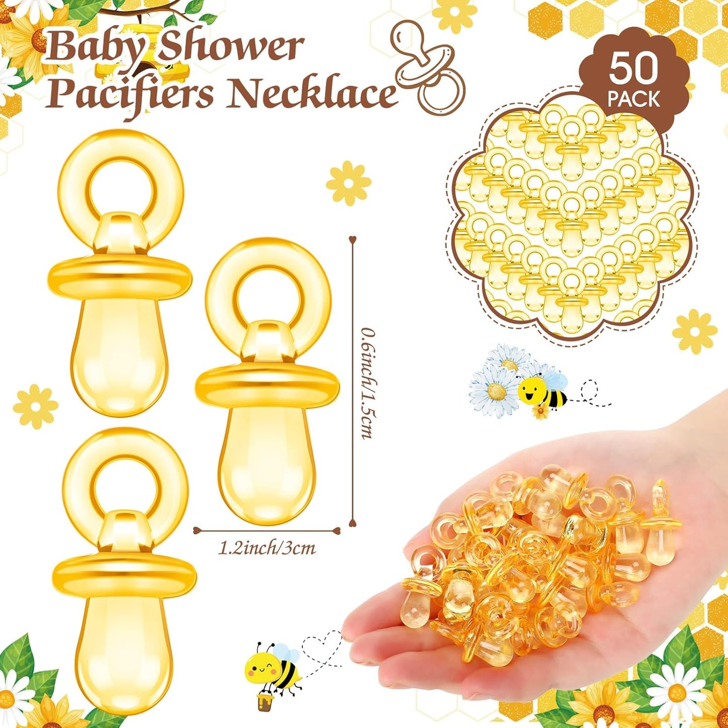 Thyle 51 Pcs Pacifier Hunt Baby Shower Games Include Hunt Sign and 50 Acrylic Pacifiers for Baby Shower Game Decoration Gift Sets Gender Reveal Party Decor(Bee)