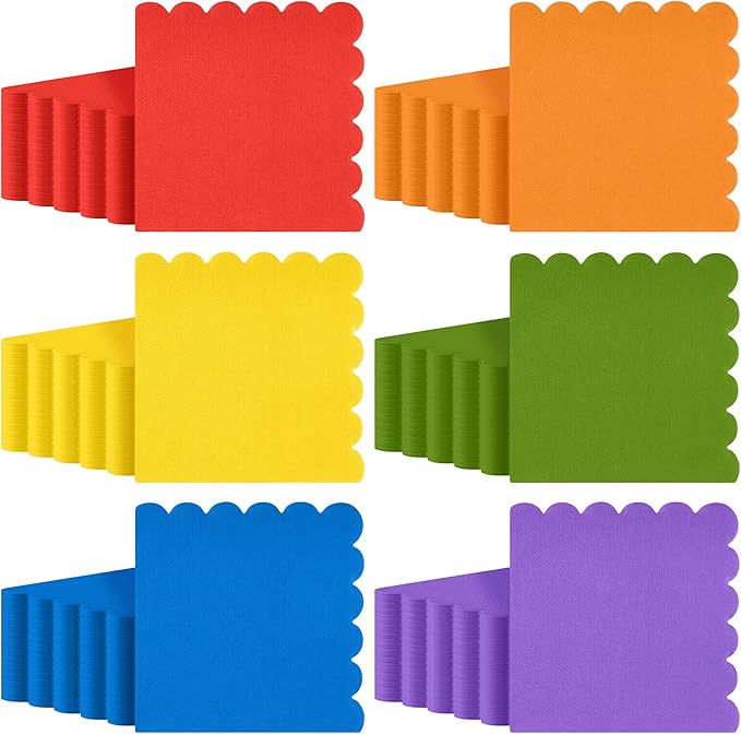 durony 150 Pack Scalloped Napkins 5 x 5 Inch Disposable Paper Napkins Gradient Color Napkins with Scalloped Edges for Dinner Wedding Birthday Party Supplies, Bright Rainbow