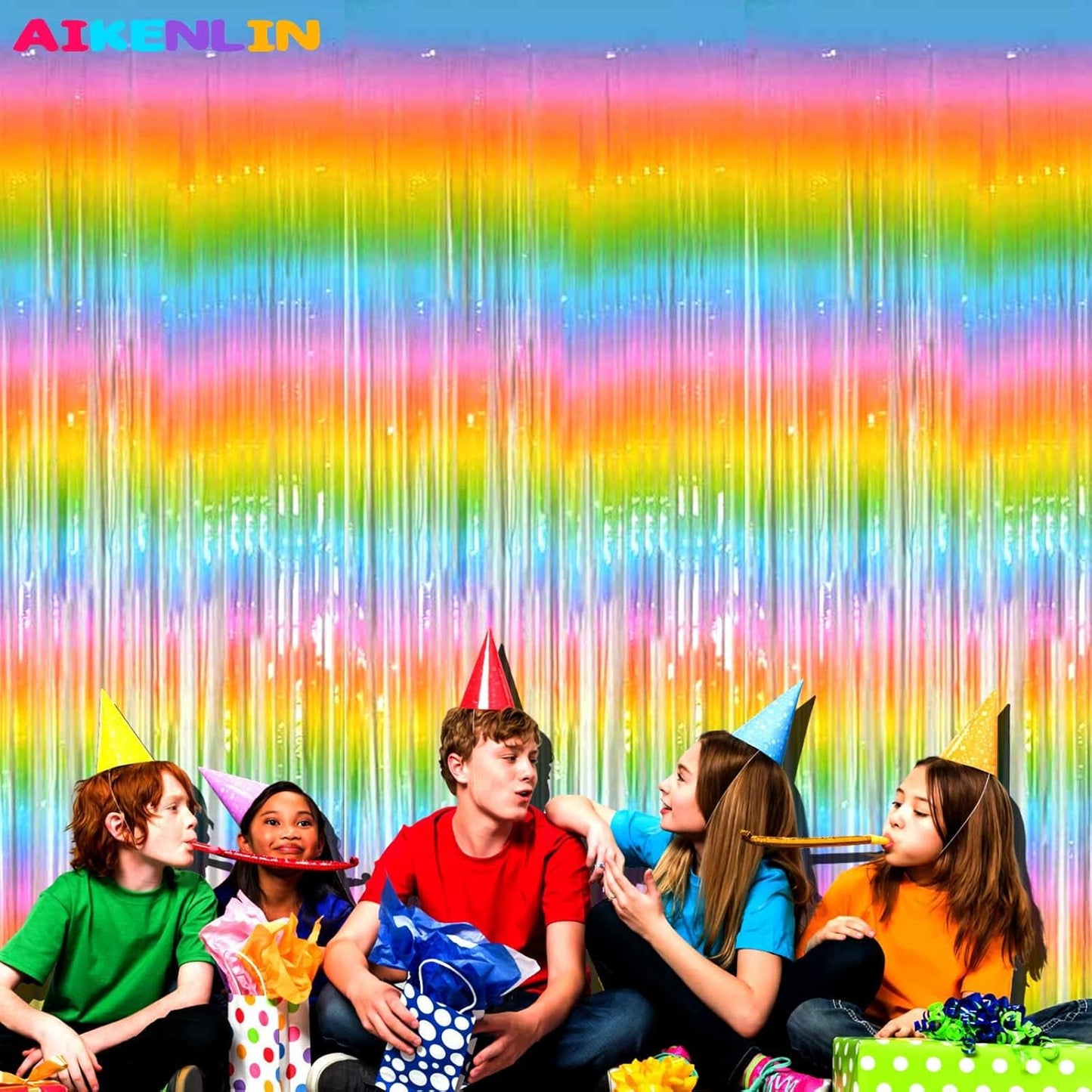 4 Pack 3.3Ft x 6.6Ft Rainbow Foil Fringe Curtain Backdrop, Colorful Metallic Tinsel Foil Fringe Streamers Curtains Background for Photo Booth, Birthday, Wedding, Halloween, Christmas Party Decoration
