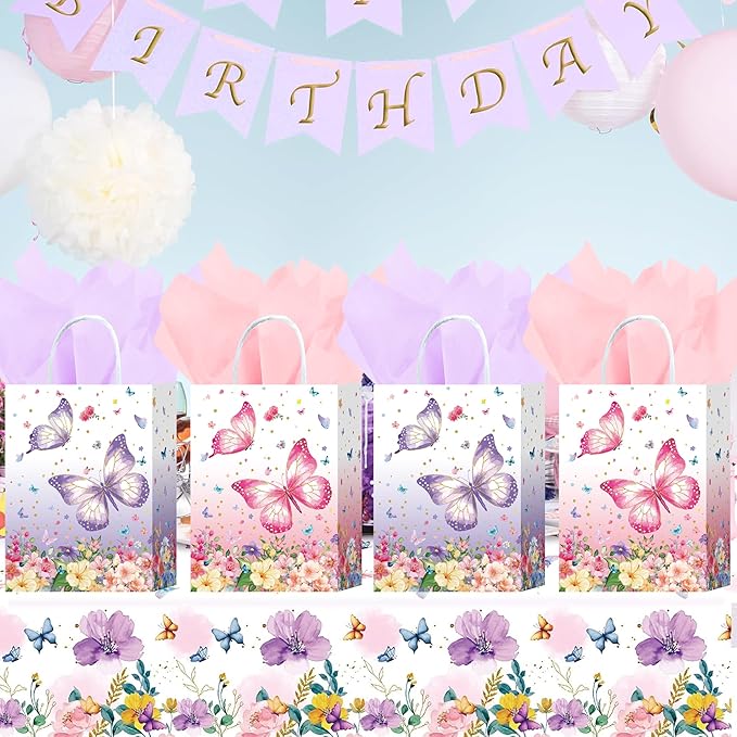 W WINTMING 16 Pcs Butterfly Gift Bags Butterfly Party Favor Bags with Tissue Paper Pink Purple Paper Goodie Bag Birthday Bag for for Wedding, Birthday, Party Supplies and Gift (Flower)