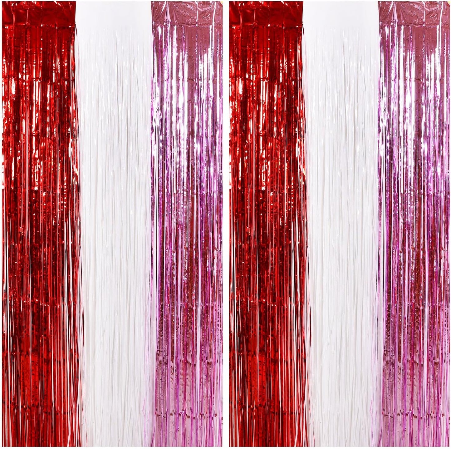 TONIFUL Valentine's Day Door Streamers,Red Pink and White Photo Booth Backdrop Metallic Streamers Foil Fringe Curtain for Birthday Valentine's Day Bridal Shower Engagement Party Decoration