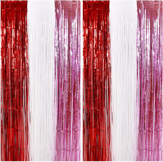 TONIFUL Valentine's Day Door Streamers,Red Pink and White Photo Booth Backdrop Metallic Streamers Foil Fringe Curtain for Birthday Valentine's Day Bridal Shower Engagement Party Decoration