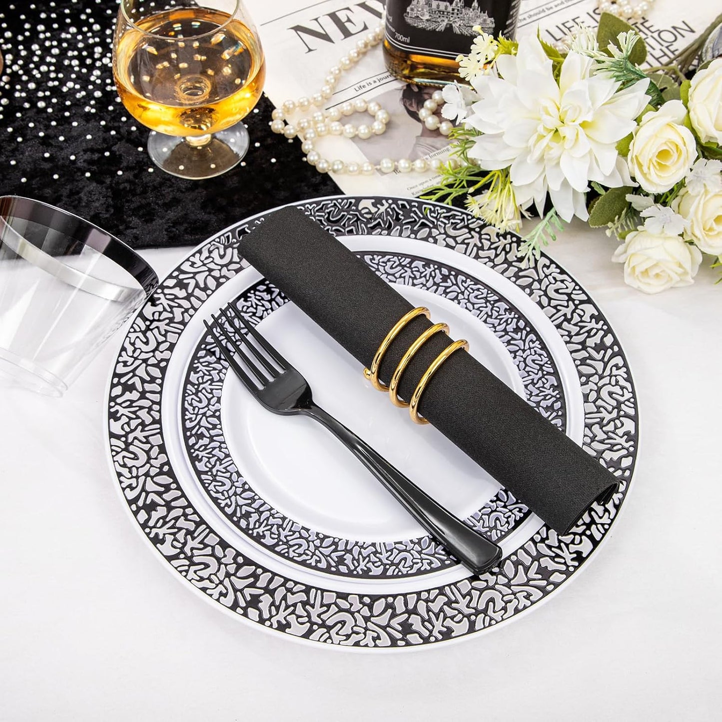 WELLIFE 350Pcs Black Plastic Dinnerware and Napkins Party Supplies Include:50 Dinner Plates, 50 Dessert Plates, 50 Napkins, 50 Cups and 50 Plastic Cutlery