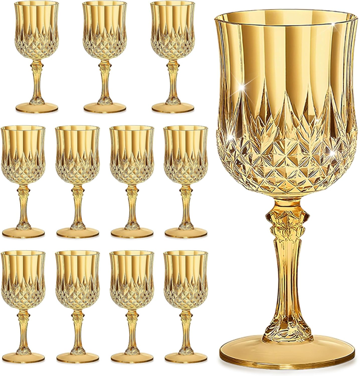 12PCS 7OZ Gold Wine Plastic Glasses, Drinking Champagne Glasses Flutes Crystal Vintage Water Unbreakable Goblets for Autumn, Wedding, Parties