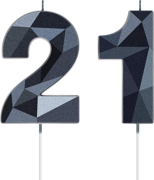 Nuanchu 21st &12th Number Birthday Candles 3D Diamond Shape Numeral Candles Happy Birthday 21 Cake Topper for Wedding Decoration Theme Party Anniversary, 2 Inch (Black)