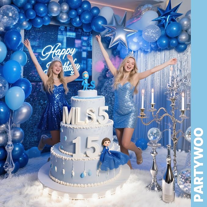 PartyWoo Blue and Silver Balloons 65pcs 12 Inch Light Pastel Baby Metallic Pearl Blue Metallic Chrome Silver Confetti Balloons for Gender Reveal Wedding Baby Shower Birthday Party Decorations