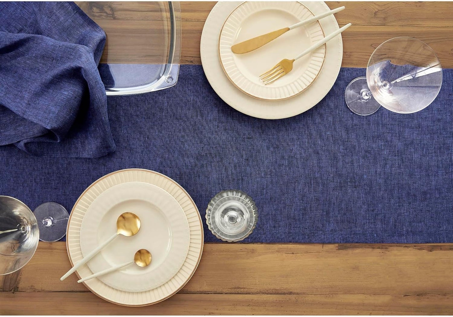 Solino Home Linen Table Runner 60 Inches - 100% Pure Linen Chambray Navy Table Runner 14 x 60 Inch Ideal for Dresser and Coffee Tables - Fall, Autumn, Thanksgiving, Christmas, Holiday - Athena