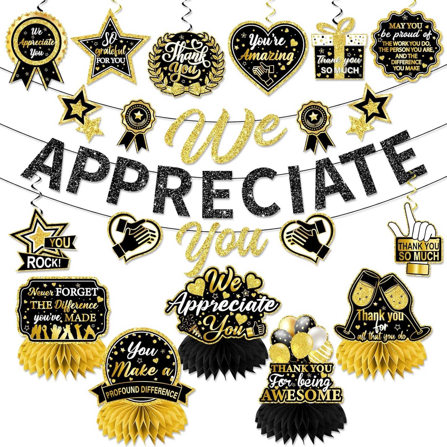 We Appreciate You Decorations, Black Gold Thank You Decorations includes We Appreciate You Banner and Employee Appreciation Table Decorations and Hanging Swirls for Pastor Appreciation Decorations
