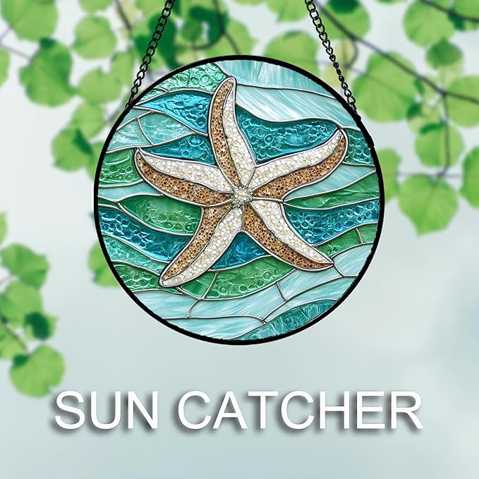 Stained Glass Window Hanging Teal Sea Waves Starfish 6.3" - Suncatcher Door Garden Sun Catcher Home Decor Birthday Mother's Day for Mom Men Woman Parents Her Child Nana